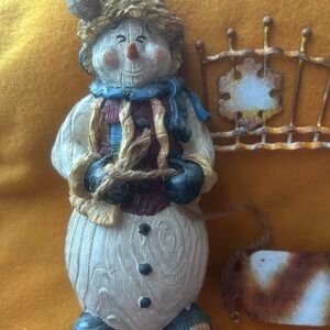 Bayberry Rustic White Snowman Figurine with Sled and Fence.